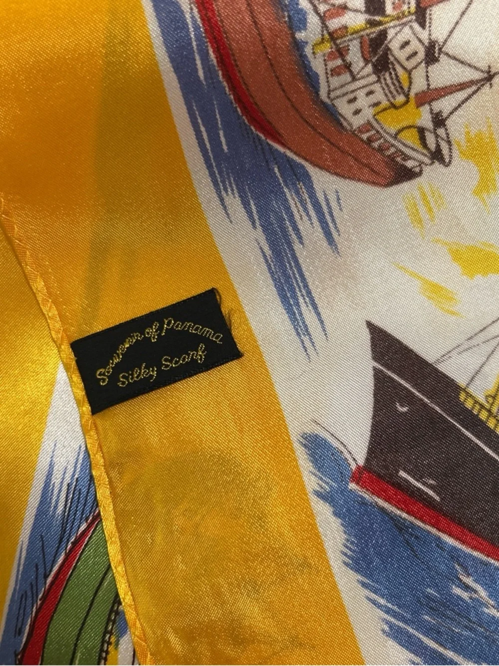 Souvenir of Panama Yellow Border Scenic Silk Scarf